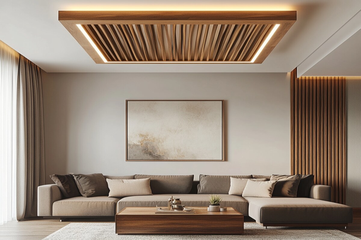 Contemporary Square Single-Layered Ceiling Design With Wooden Battens And Drop Down Light