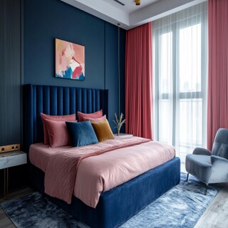 Modern Dark Blue And Pink Master Bedroom Design