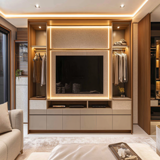 Contemporary Champagne-Toned TV Unit Design With Integrated Dressing Unit