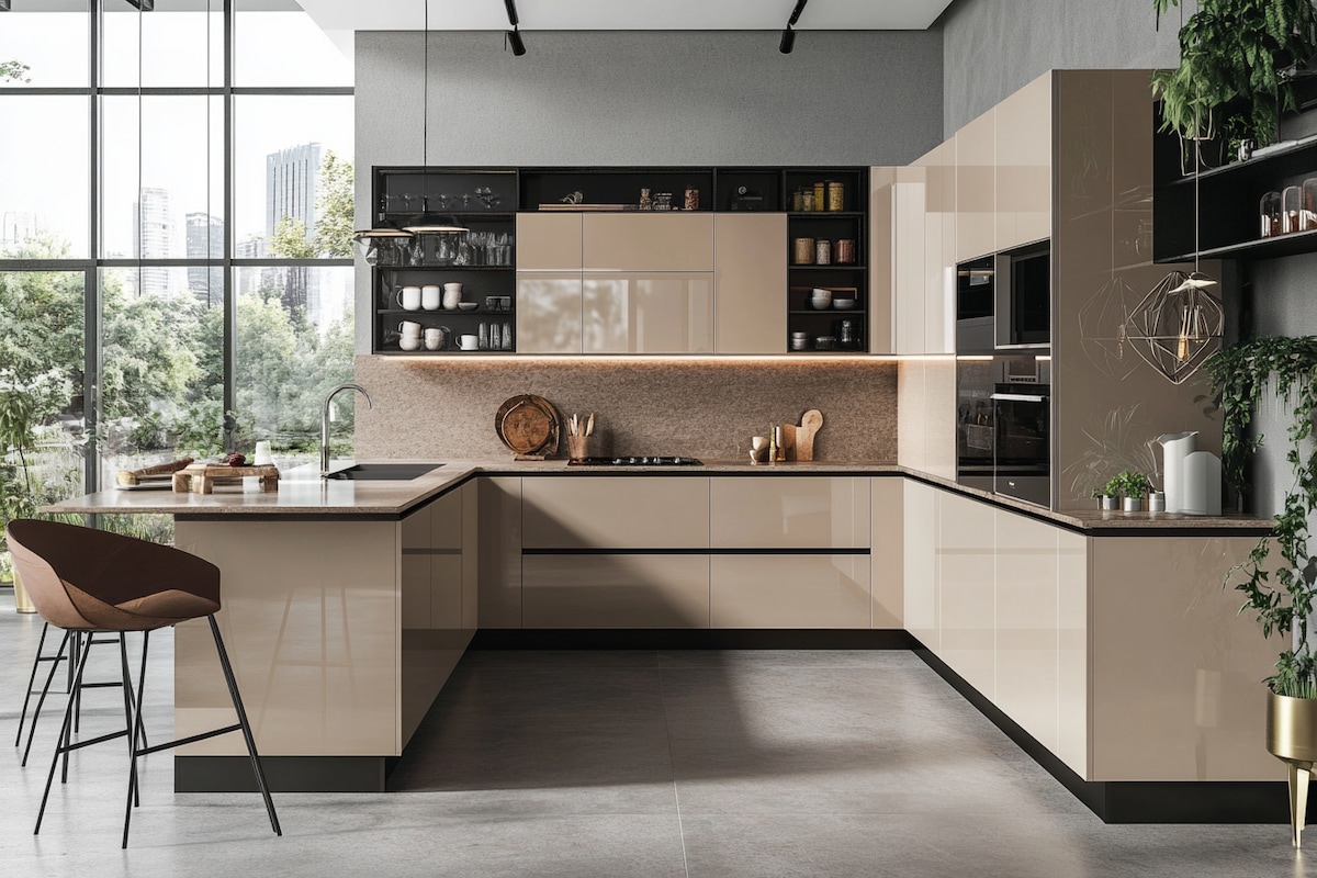 Modern Irish Cappuccino Modular U-Shaped Kitchen Design With High Gloss Finish