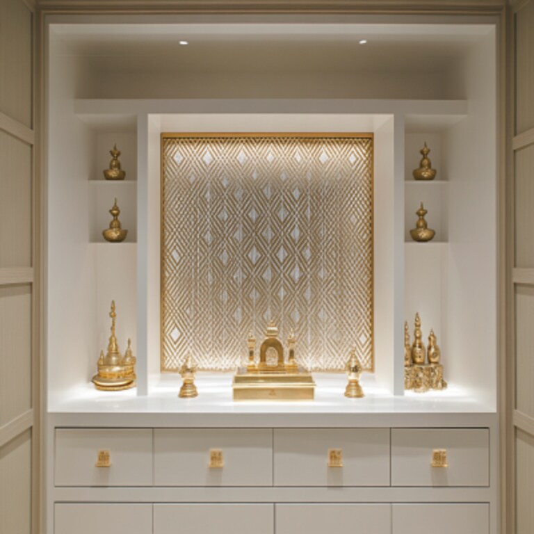 Contemporary Pooja Room Design in White with Luxe Gold Accents