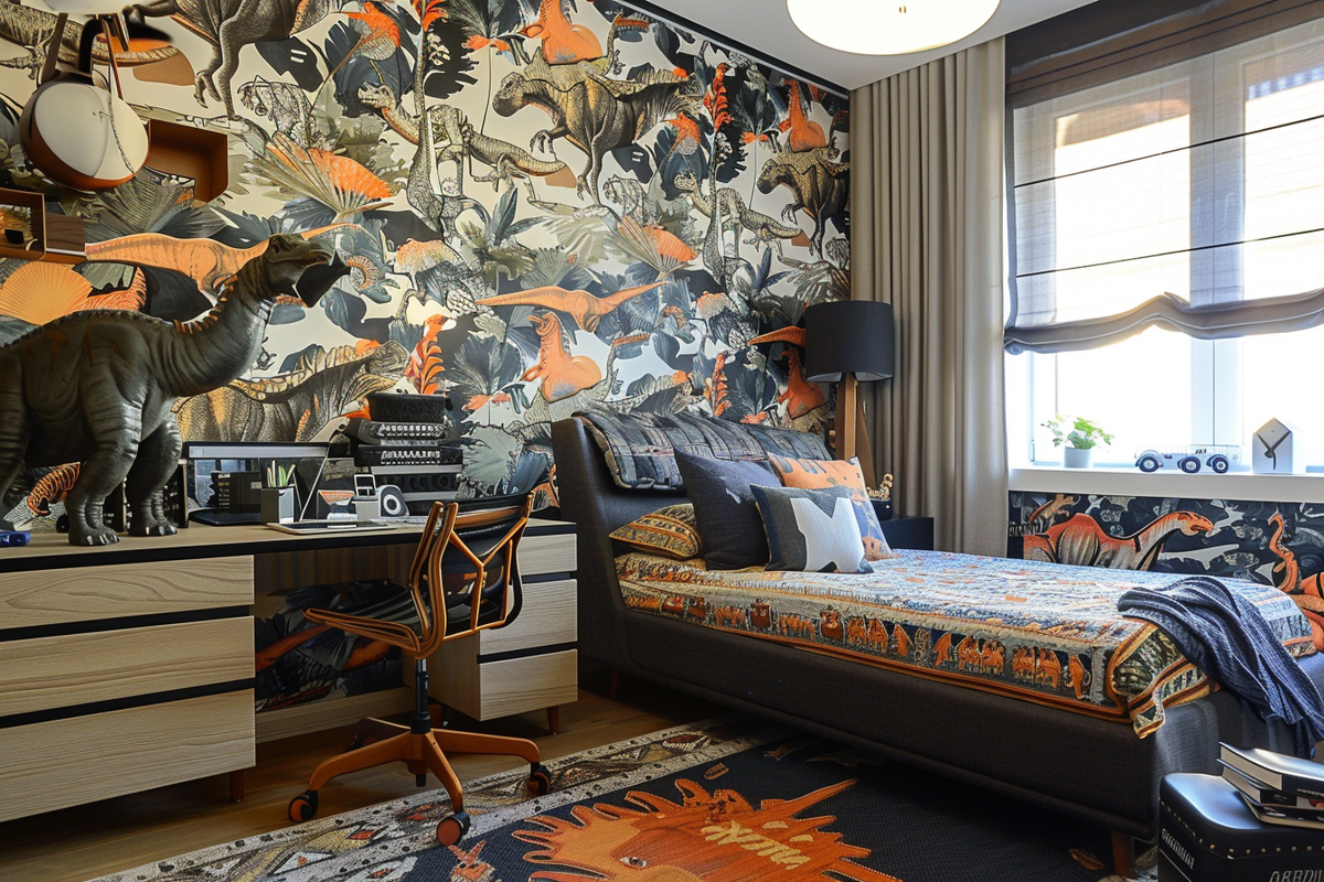 Art Deco Boys Room Design With Dinosaur-Themed Wallpaper