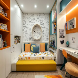 Modern Kids Bedroom Design with Study and Doodle Art Wallpaper