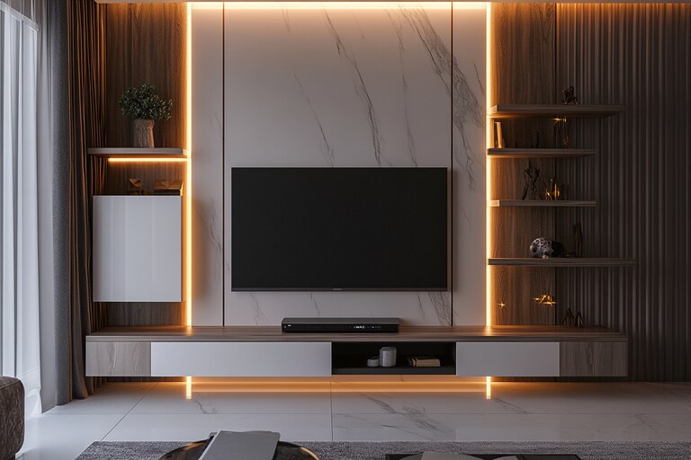 Modern White And Wood Wall-Mounted TV Unit Design With Backlit Panel ...