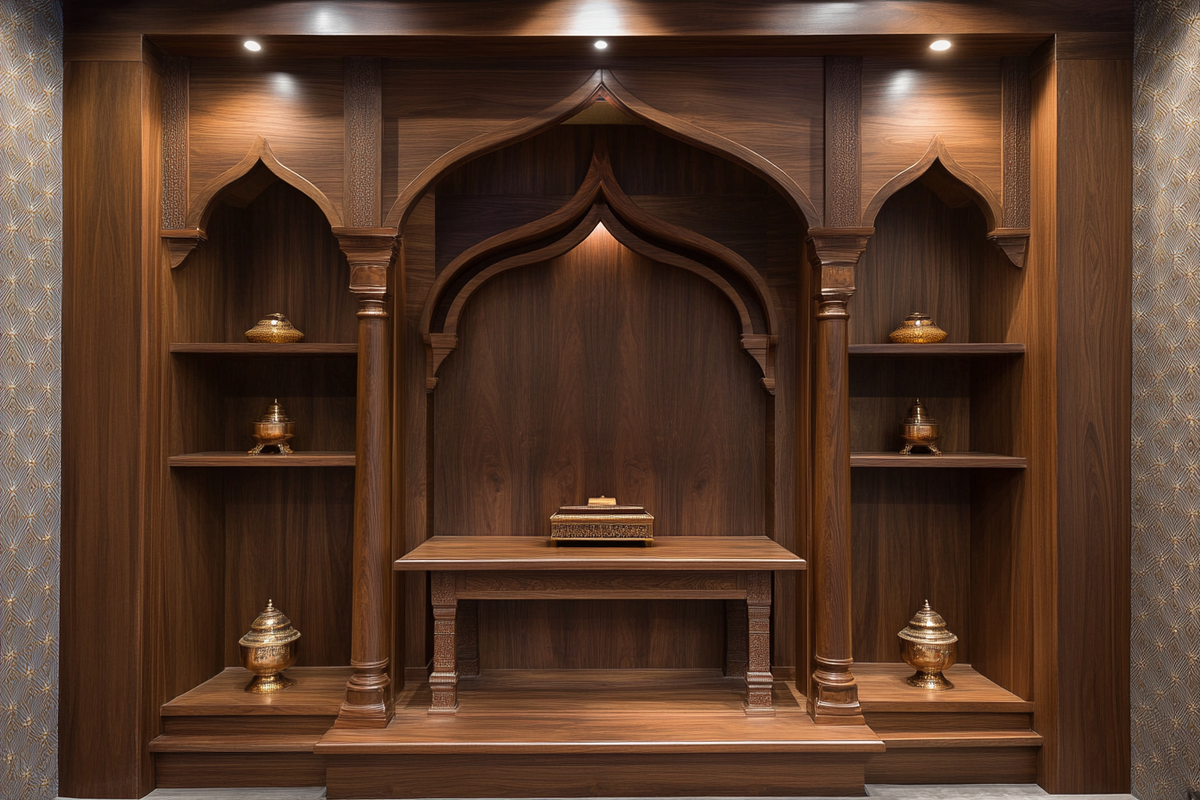 Modern Walnut Bronze Mandir Design With Wall Shelves