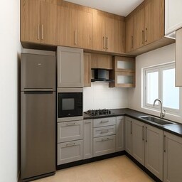 Contemporary Beige L Shaped Kitchen with Textured Tile Backsplash