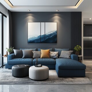 Modern Living Room Design With Blue 3-Seater Sofa And Grey Accent Wall