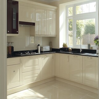 High Gloss Cream Modern L-Shaped Kitchen Design With Cabinet