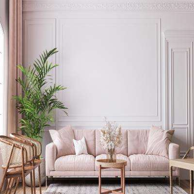 Luxurious Living Room Setting With Light Peach Sofa and A Touch of Green