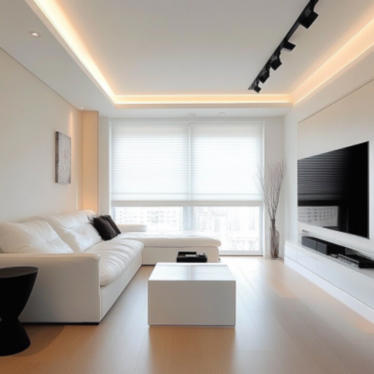 Modern White Single-Layered Living Room Ceiling Design With Track Lights