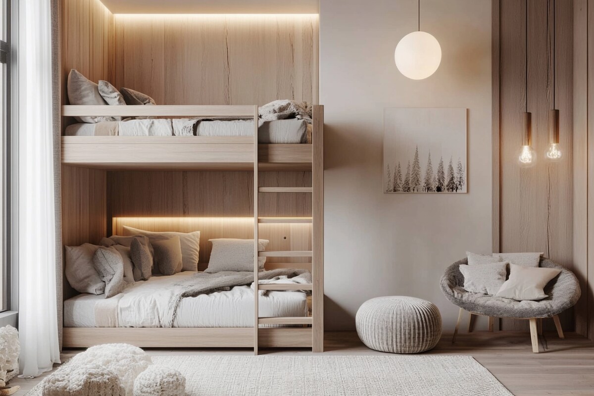 Scandinavian Kids Bedroom Design with Bunk Bed and Ottoman