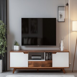 Contemporary Compact Wood And White TV Unit Design