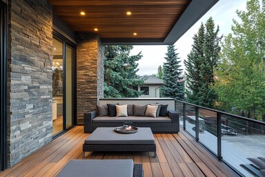 Contemporary Balcony Design with Grey Stone Cladding Wall and Wooden ... - Luxury Apartment Balcony Design With Grey Stone
