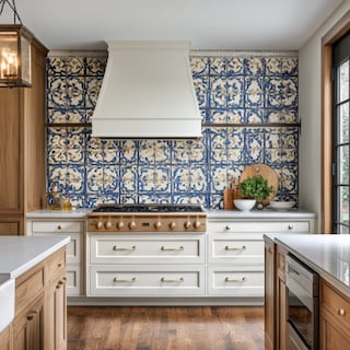 Transitional Moroccan Blue and Cream Kitchen Tile Design