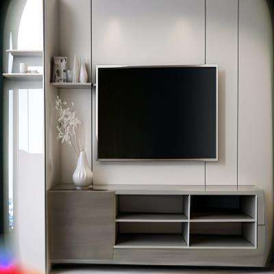 Modern TV Unit Design in White Laminate with Metallic Back Panel