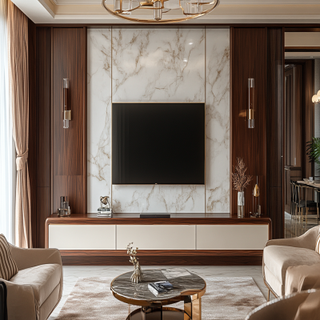 Classic White And Wood Wall-Mounted TV Unit With Marble Back Panel