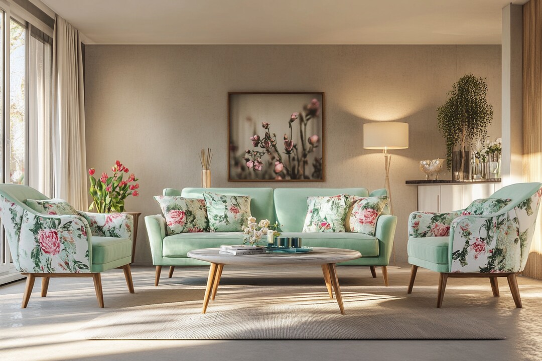 Modern Beige Living Room Design With Mint Green Sofa And Floral Accent ...