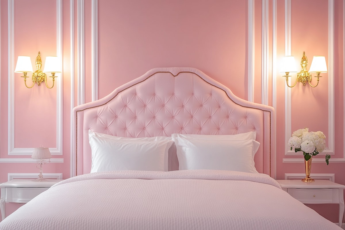 Modern Pink Bedroom Wall Paint Design With Wall Lights