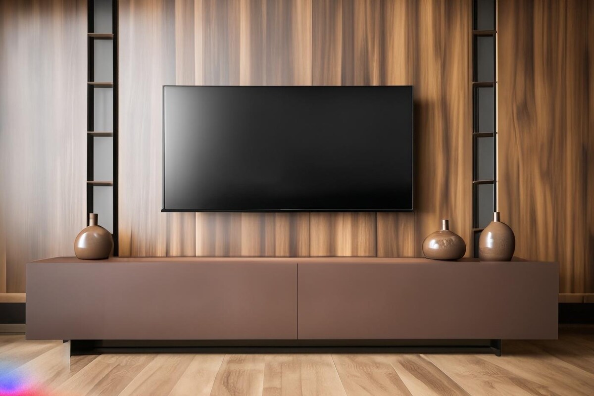 Modern Brown TV Unit Design with Wooden Flooring Modern Brown TV Unit Design with Wooden Flooring