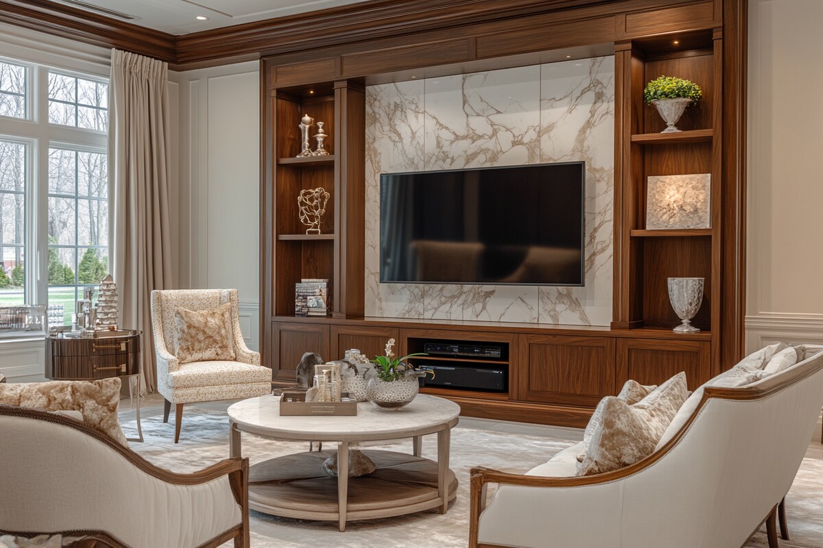 Modern Wood and White TV Unit Design with Marble Back Panel Modern Wood and White TV Unit Design with Marble Back Panel