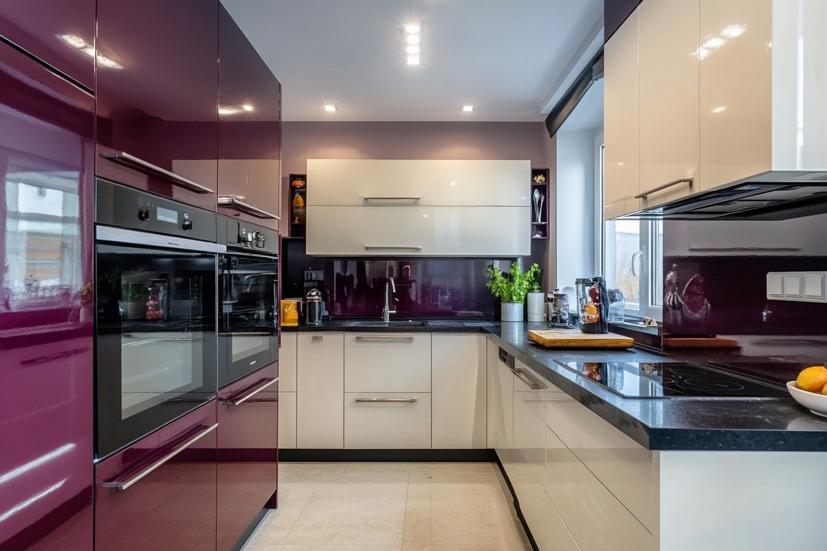 Modern Modular Open Kitchen Design With Black-Currant And White Cabinets