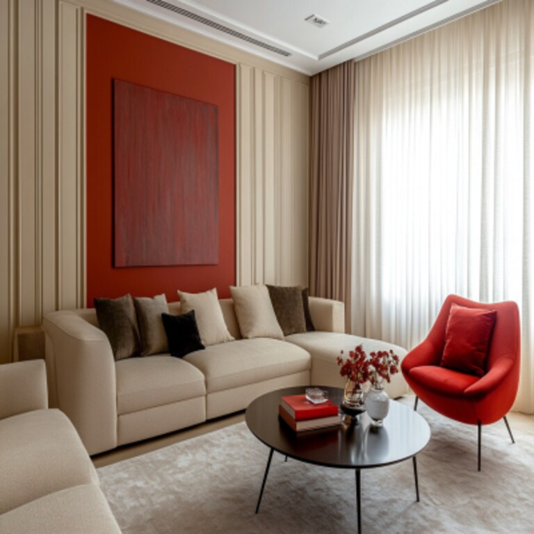 Contemporary Beige And Red Living Room Design With Fluted Panelling For Accent Wall