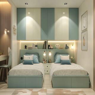 Modern Kids Bedroom Design With Twin Beds and Swing Wardrobe