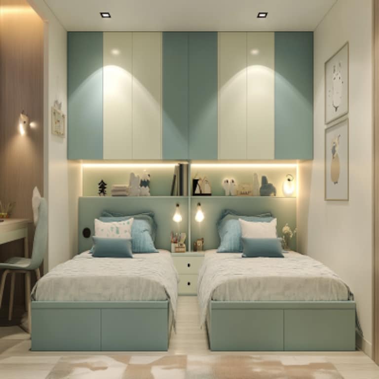 Modern Kids Bedroom Design With Twin Beds and Swing Wardrobe