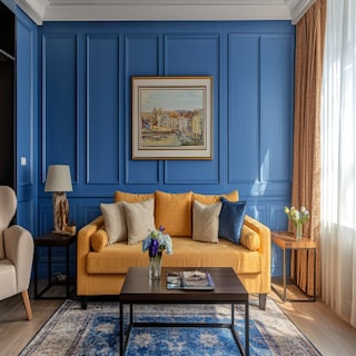 Living Room Wall Design With Blue Panelling