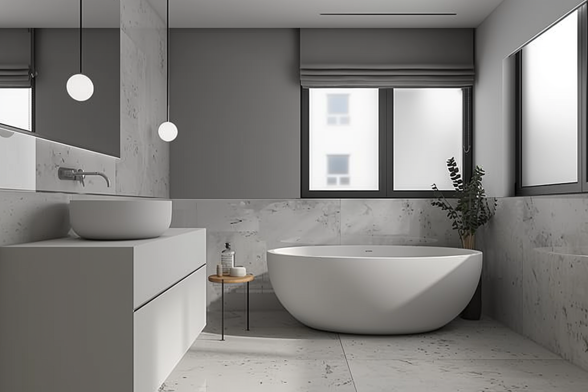 Modern Bathroom Design With Grey Ceramic Wall And White Vanity Unit