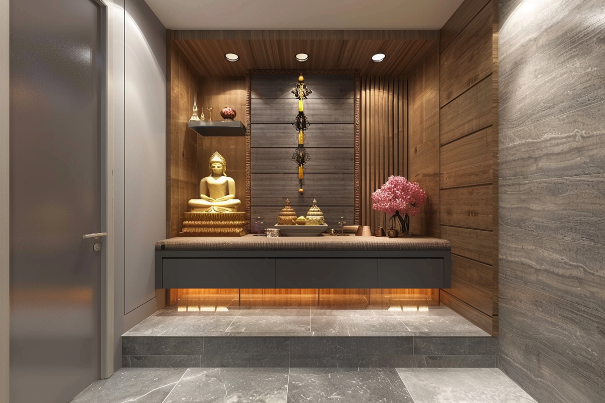 Modern Pooja Room Design With Slate Grey Wall-Mounted Drawer Storage And Wooden Panels