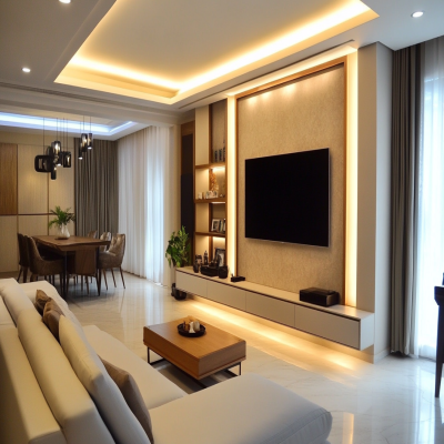 Minimal Mocca Nat Trend TV Unit Design with Elegant Trim Wall