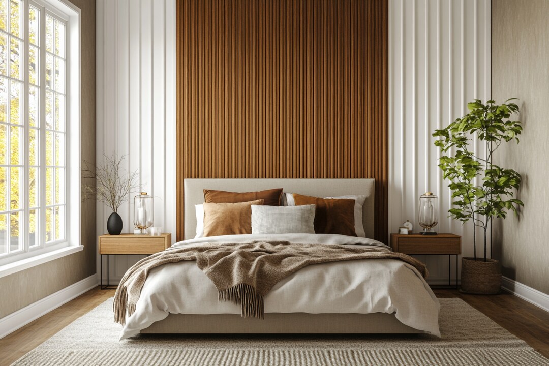 Contemporary Bedroom Wall Design With White Trims And Wooden Fluted ...