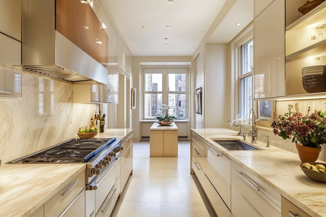 Restaurant Kitchen Parallel Layout Beige and White Modern Parallel Kitchen Design with Marble Countertop