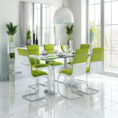 Contemporary White And Green 6-Seater Dining Room Design With Panelled Mirror Wall