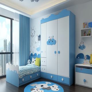 Modern White And Blue 3-Door Swing Wardrobe Design For Kids Bedrooms