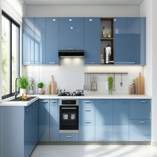 Modern Blue L-Shaped Kitchen Design with Cabinets and Drawer Storage