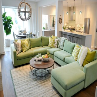 Contemporary Living Room Design With Pastel Green Sectional Sofa