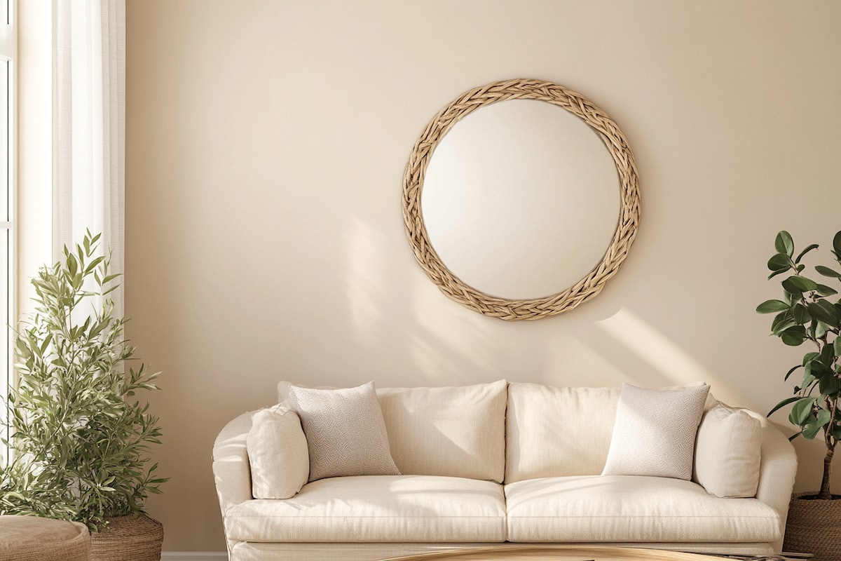 Modern Beige Wall Paint Design With A Framed Mirror