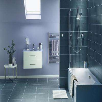 Modern bathroom design with blue floor tiles