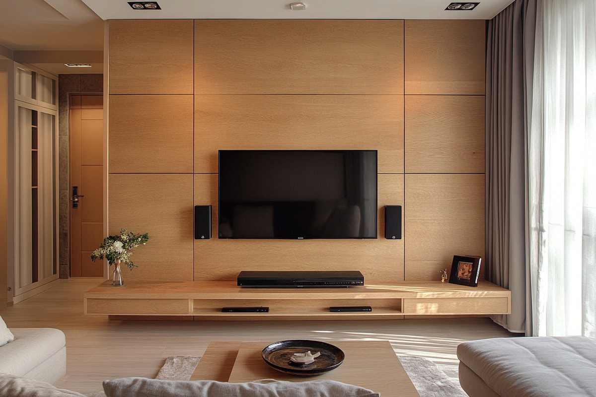 Contemporary Light Wooden Wall-Mounted TV Unit Design With Wooden Wall Panels