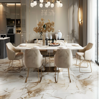 Classic 8-Seater Beige And Marble Dining Room Design With White Marble Dining Room Tiles