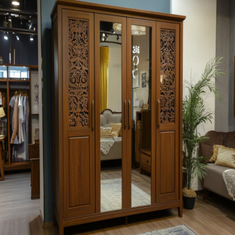 Modern Wooden 4-Door Swing Wardrobe Design With Mirror