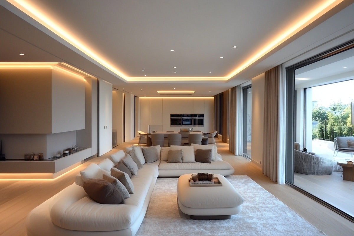 Contemporary Peripheral White Ceiling Design With Cove Lights