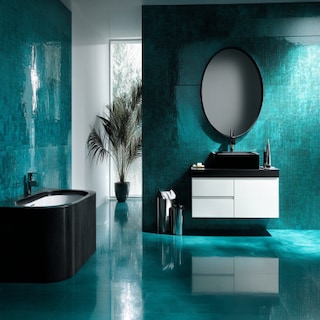 Contemporary Teal And Black Bathroom Design With White Storage