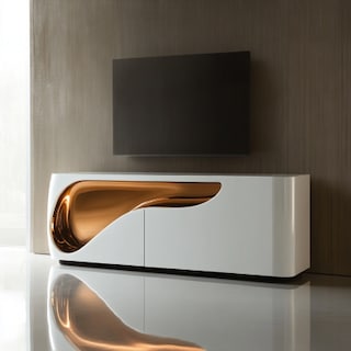 Modern White And Bronze TV Unit Design With Glossy Accent Wall