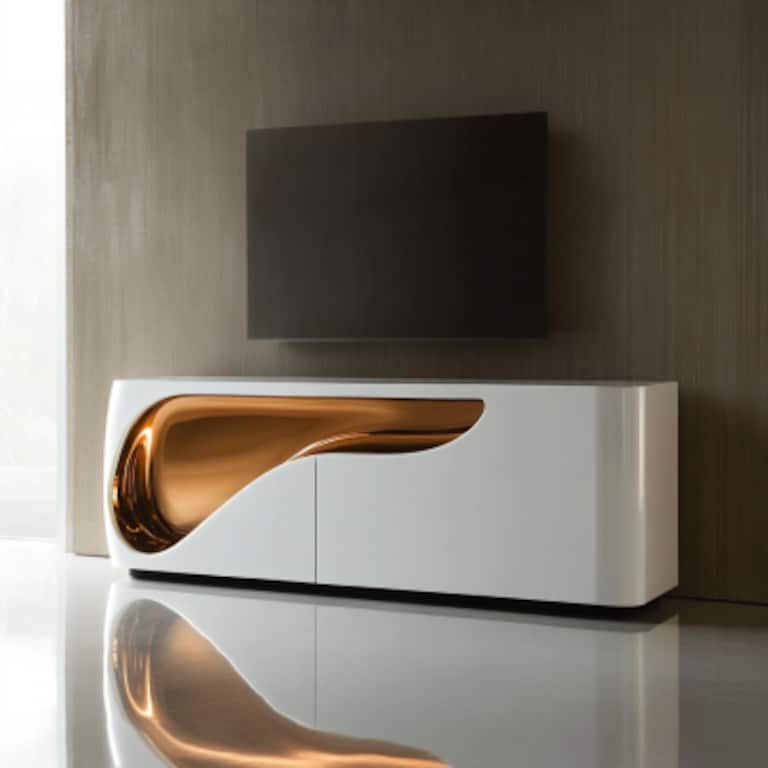 Modern White And Bronze TV Unit Design With Glossy Accent Wall