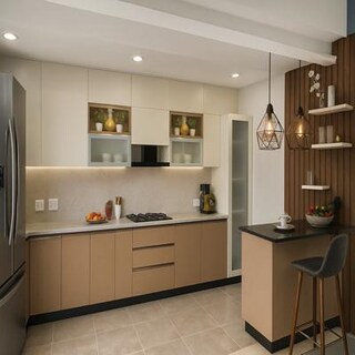 Contemporary Beige and Tan L Shaped Kitchen with Breakfast Bar