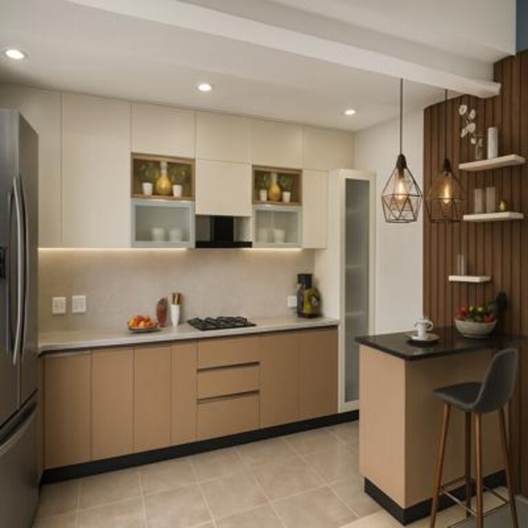Contemporary Beige and Tan L Shaped Kitchen with Breakfast Bar