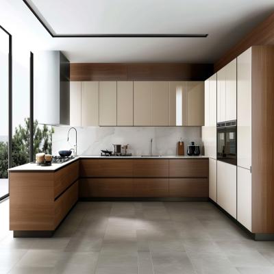 Modern Modular-shaped Kitchen Design With Cappuccino and White Cabinets